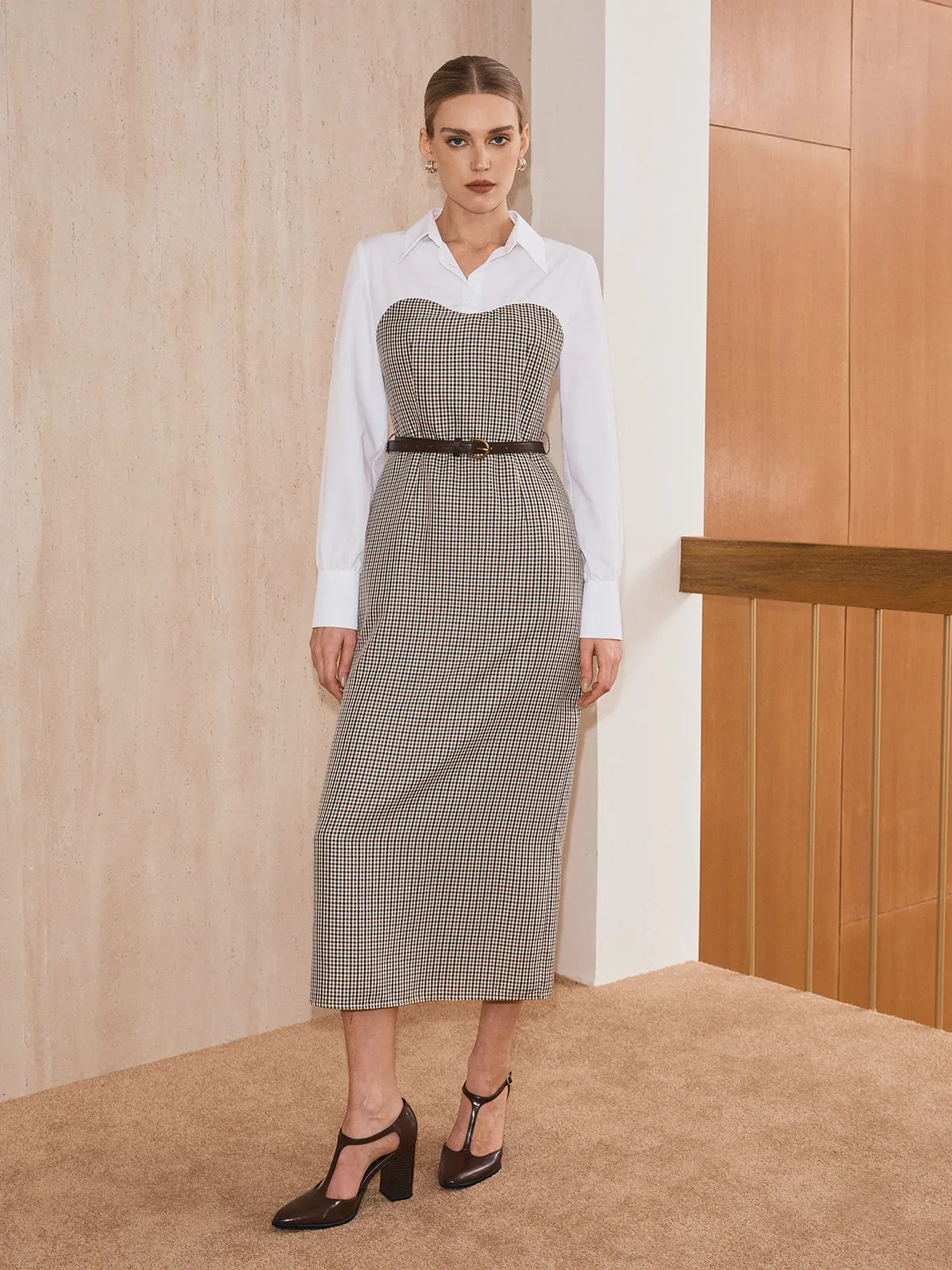 2 in 1 Shirt Plaid Panel Midi Dress with Belt sold by COMMENSE