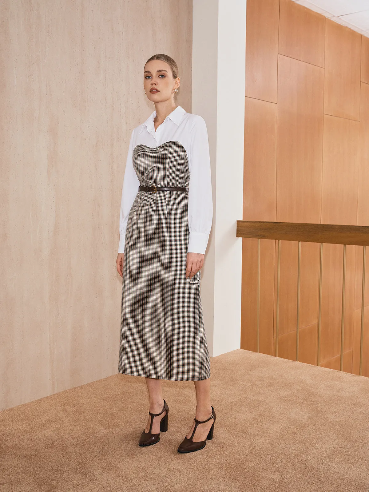 2 in 1 Shirt Plaid Panel Midi Dress with Belt sold by COMMENSE product image thumbnail 2