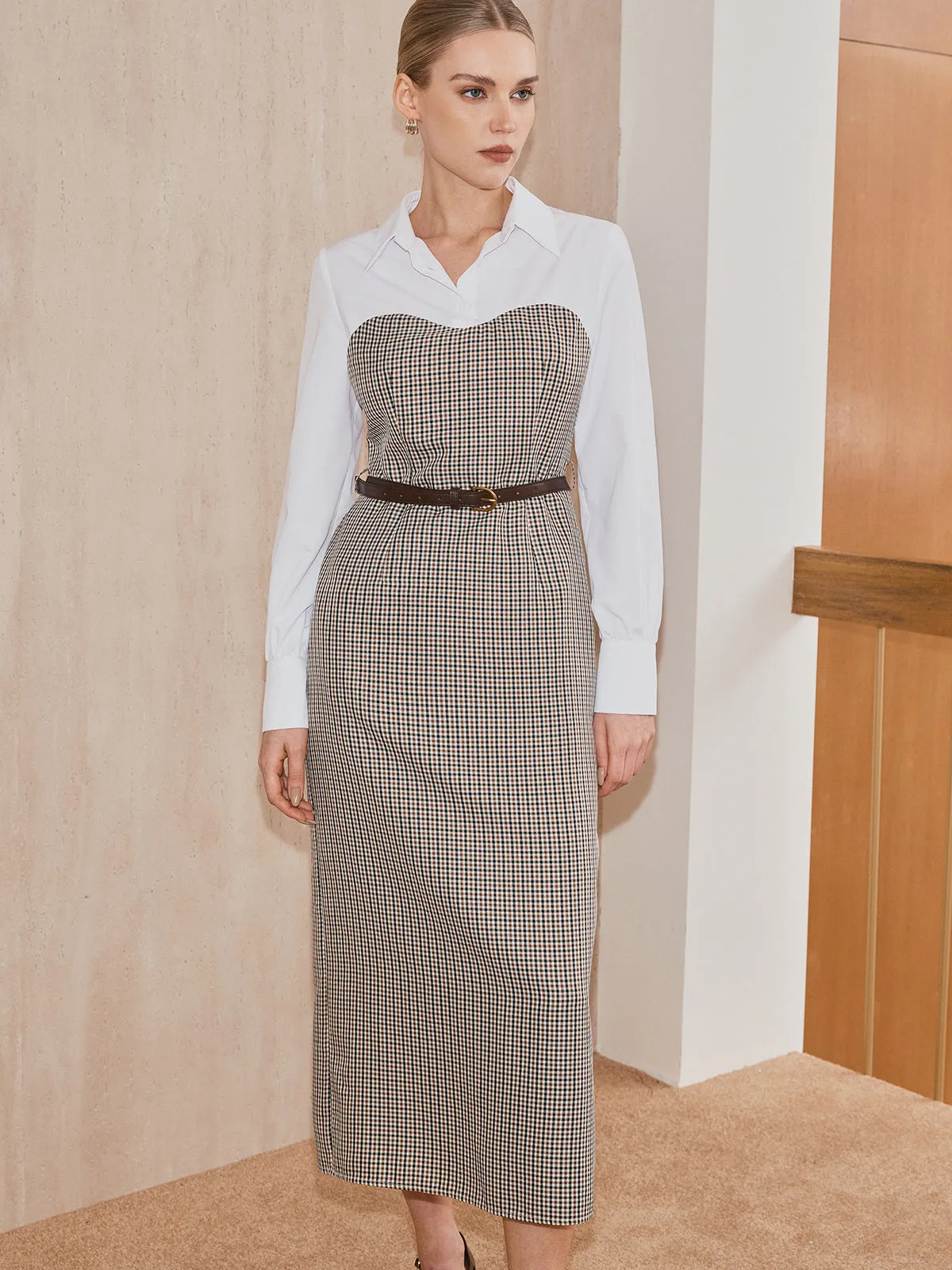 2 in 1 Shirt Plaid Panel Midi Dress with Belt sold by COMMENSE product image thumbnail 3