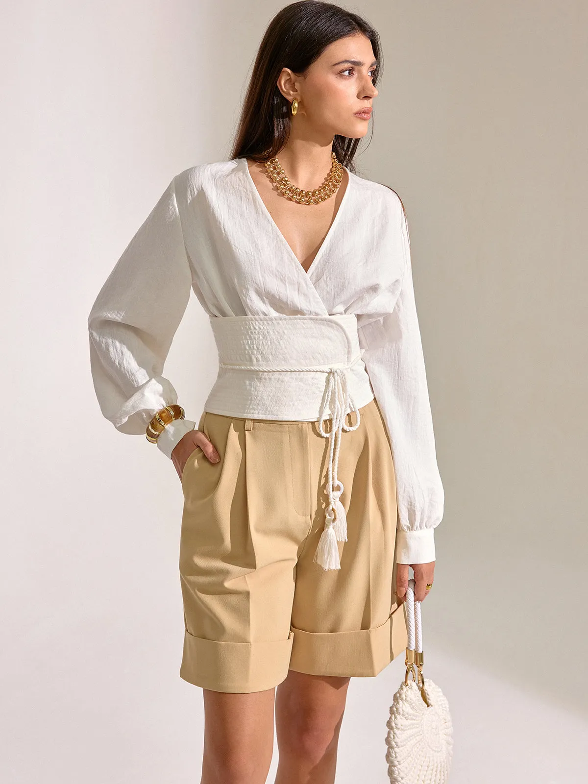 Pocket Mid-Waist Pleated Cuffed Shorts sold by COMMENSE product image thumbnail 2