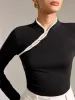 Contrast Trim Mandarin Collar Fitted T-Shirt sold by COMMENSE