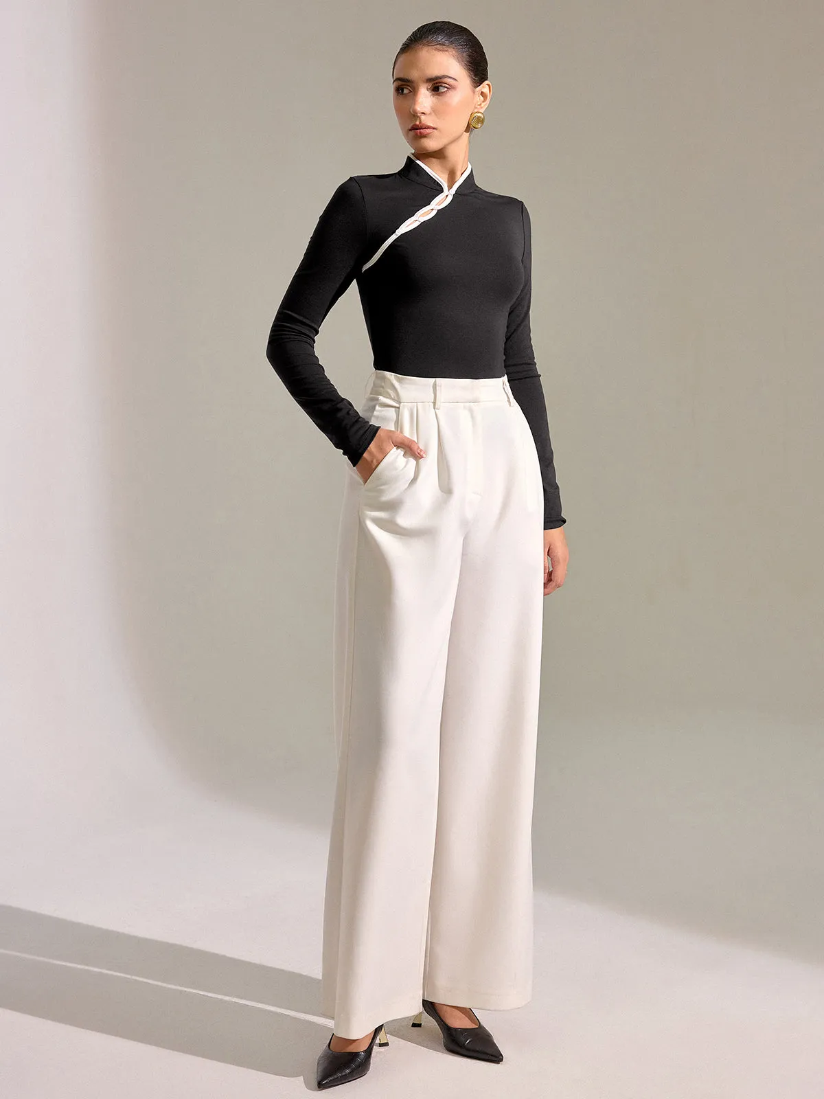 Contrast Trim Mandarin Collar Fitted T-Shirt sold by COMMENSE product image thumbnail 5