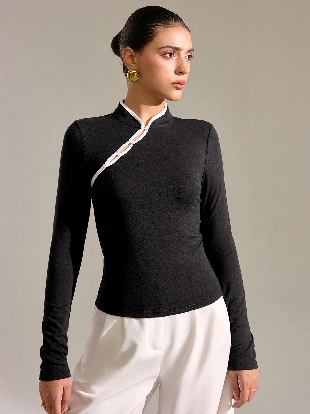 Contrast Trim Mandarin Collar Fitted T-Shirt sold by COMMENSE