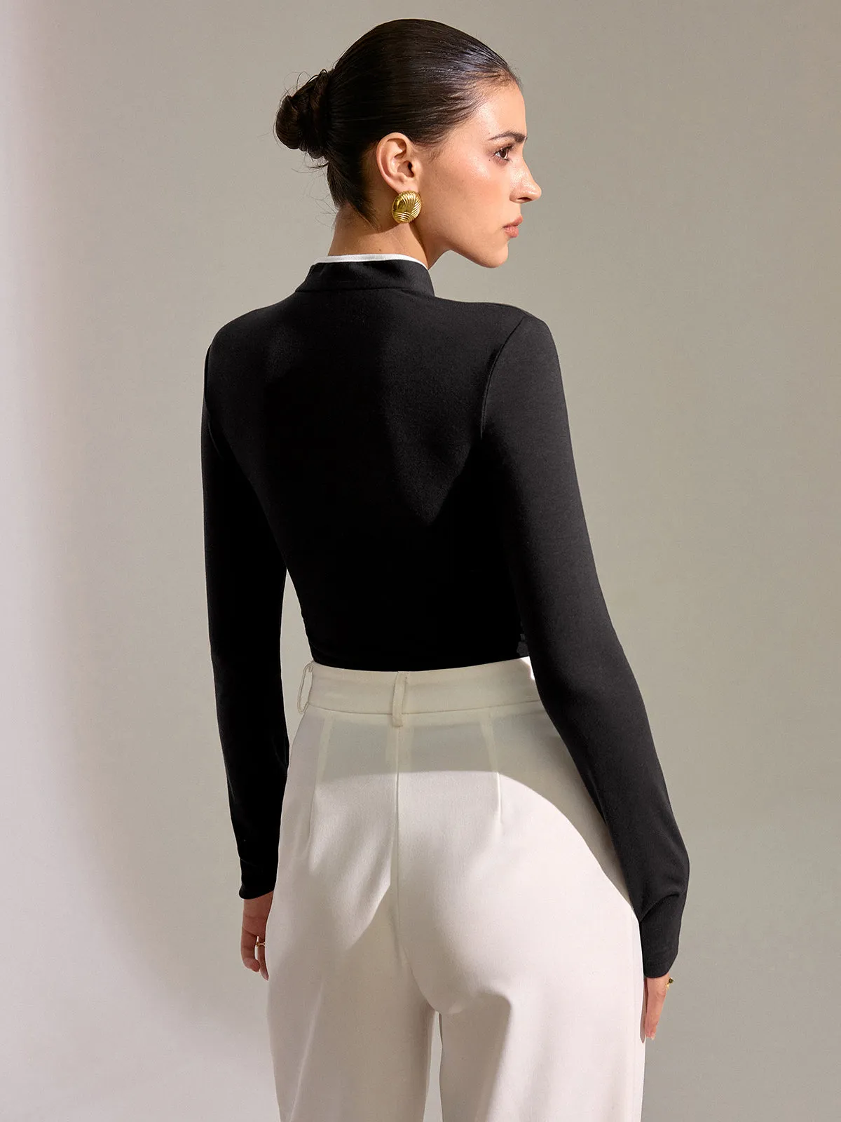 Contrast Trim Mandarin Collar Fitted T-Shirt sold by COMMENSE product image thumbnail 3