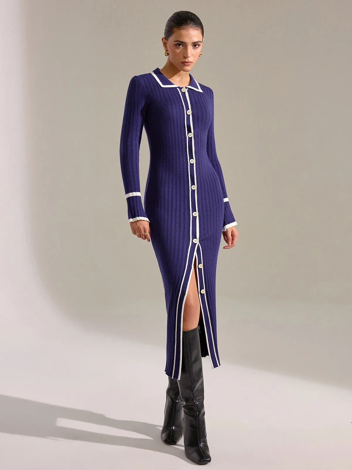 Contrast Trim Button Front Slim Fit Midi Dress sold by COMMENSE product image thumbnail 3