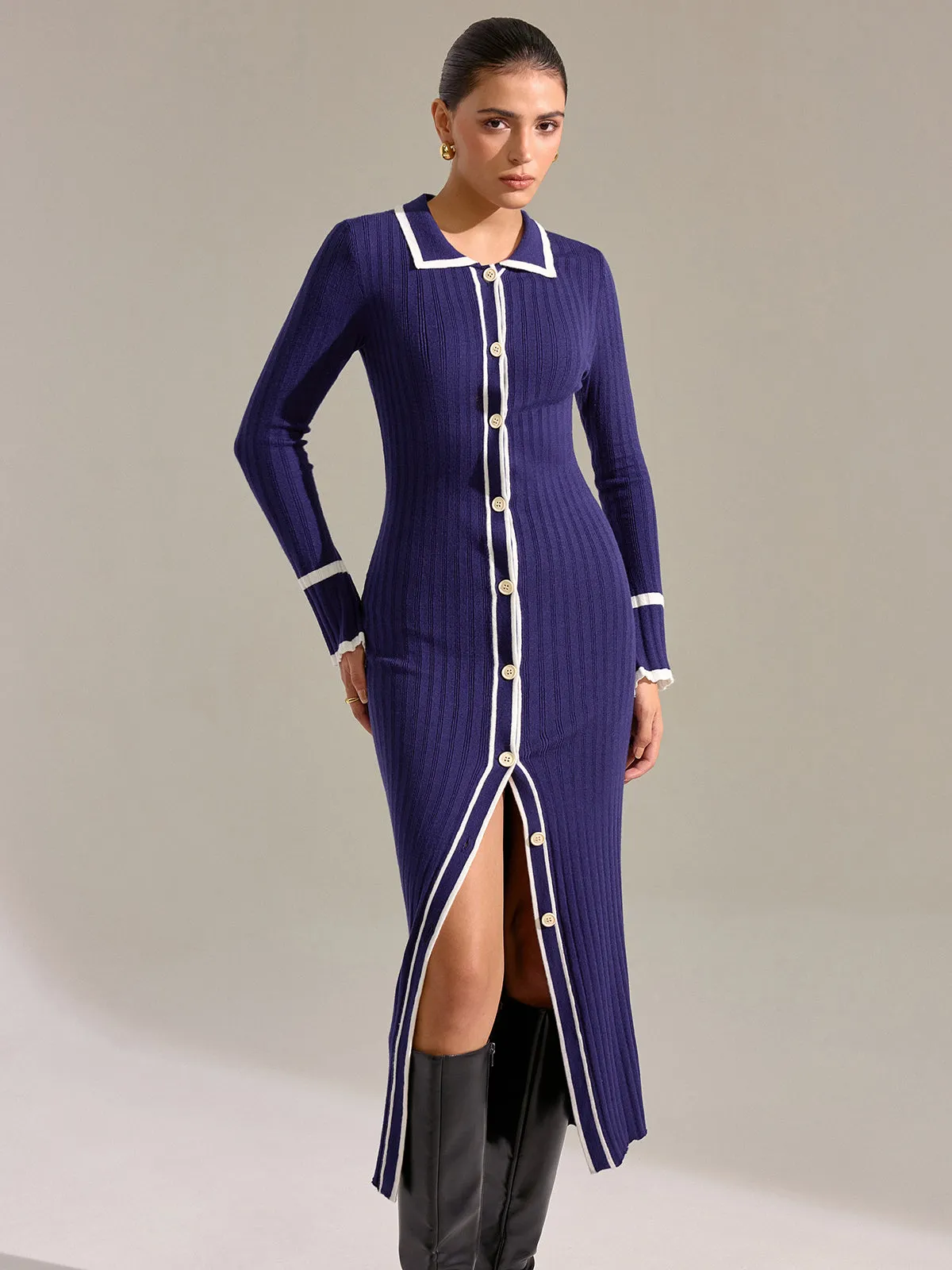 Contrast Trim Button Front Slim Fit Midi Dress sold by COMMENSE product image thumbnail 4