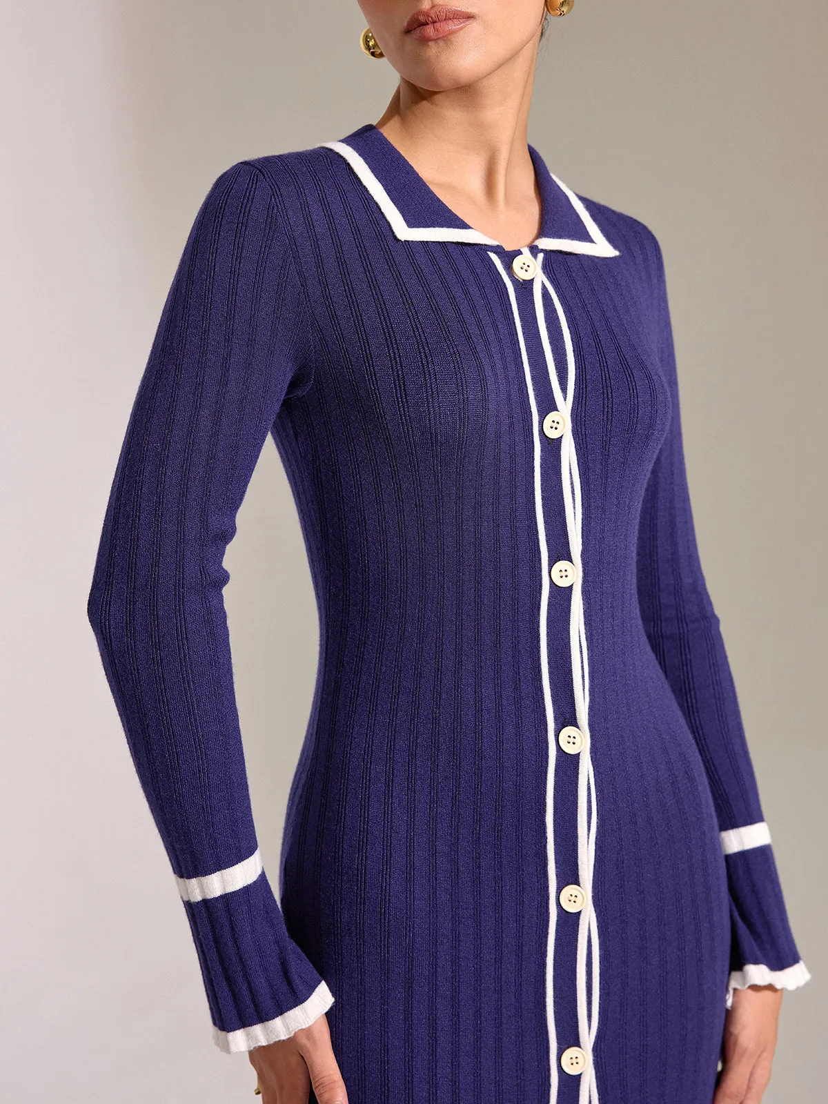 Contrast Trim Button Front Slim Fit Midi Dress sold by COMMENSE product image thumbnail 5