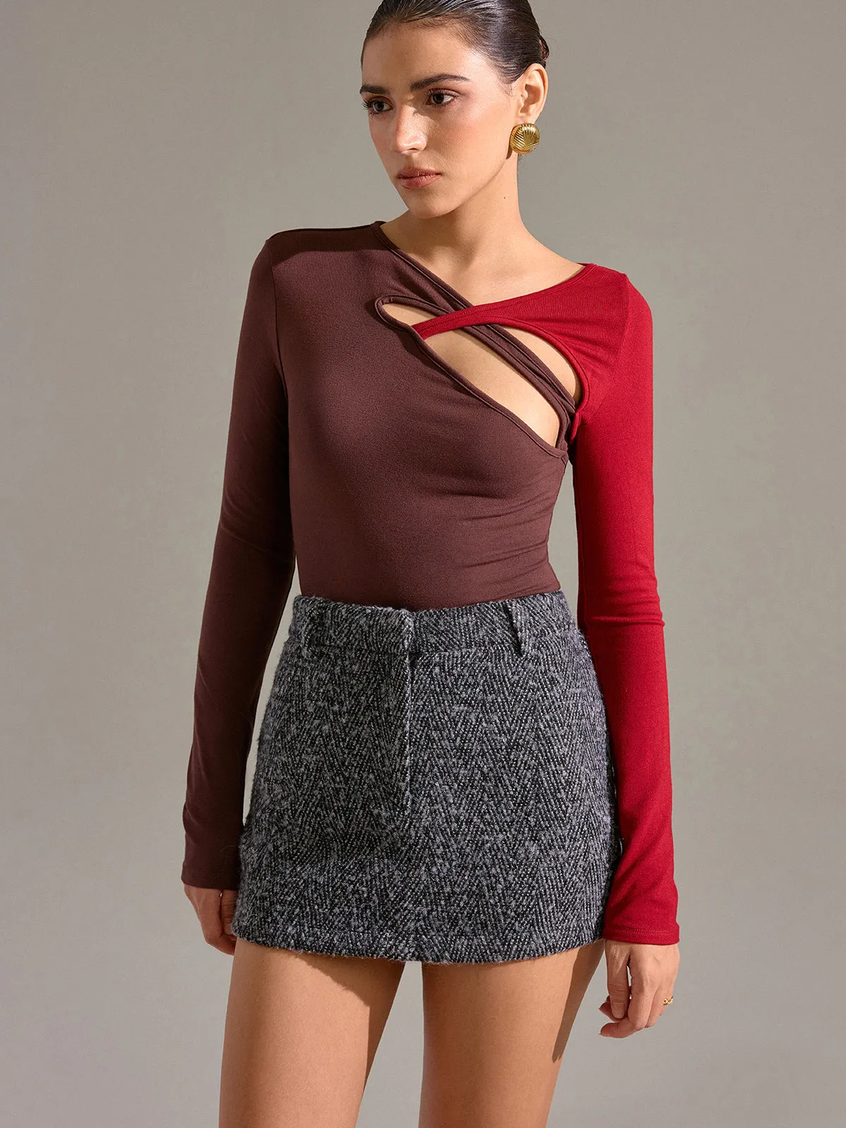 Asymmetric Two-Tone Cut-Out Long Sleeve Blouse sold by COMMENSE product image thumbnail 5