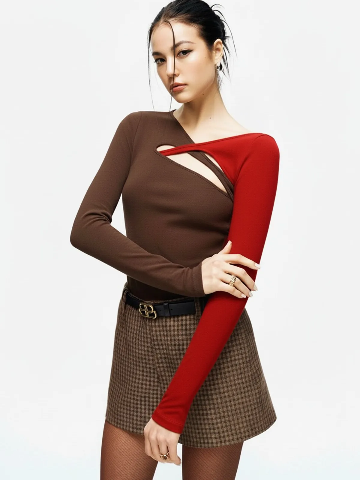 Asymmetric Two-Tone Cut-Out Long Sleeve Blouse sold by COMMENSE