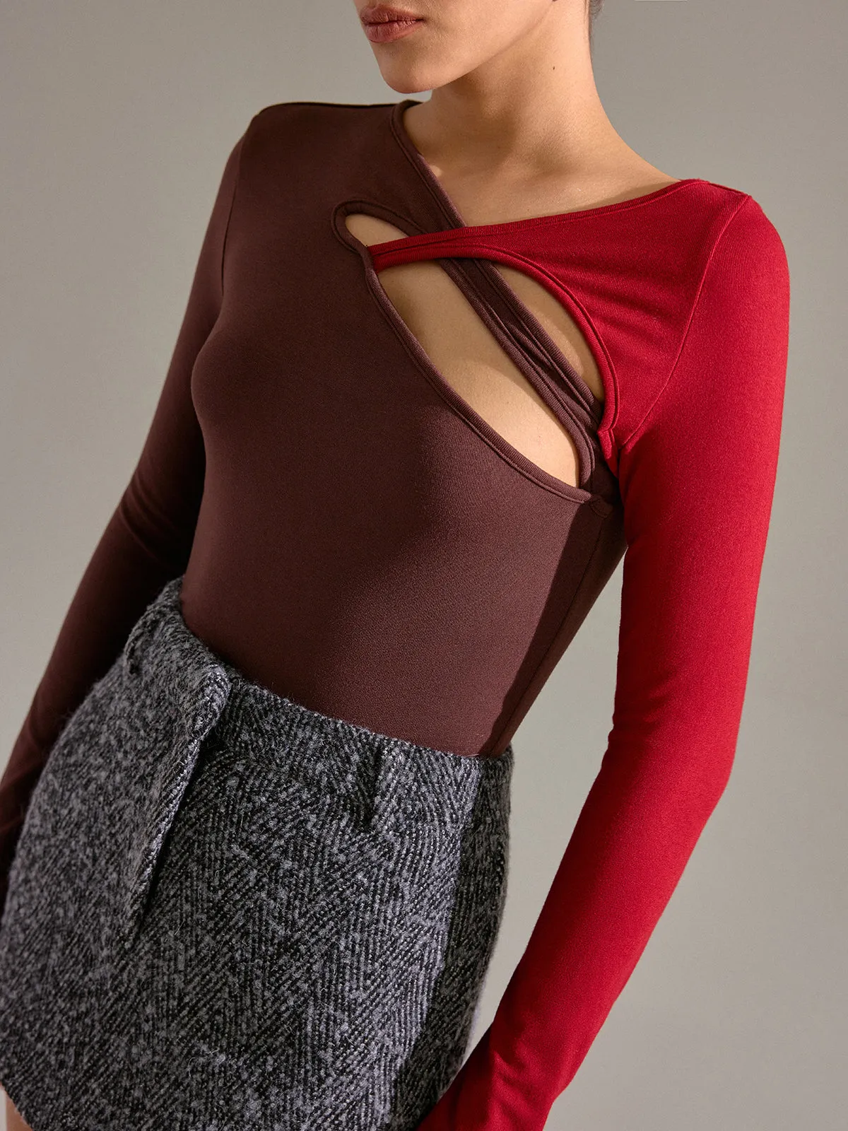 Asymmetric Two-Tone Cut-Out Long Sleeve Blouse sold by COMMENSE product image thumbnail 4