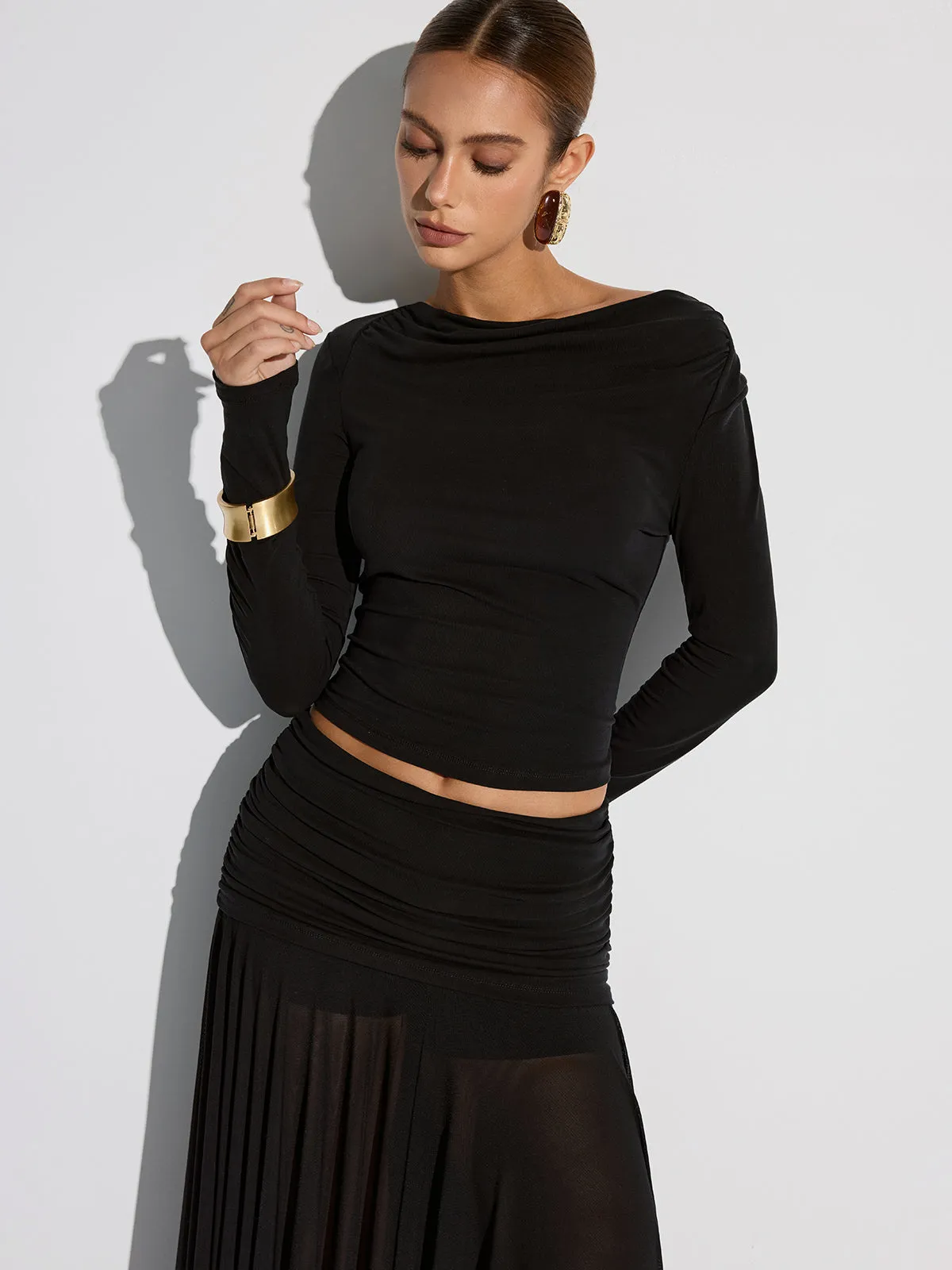 Draped Long Sleeve Top and Mesh Pleated Skirt Set sold by COMMENSE product image thumbnail 3