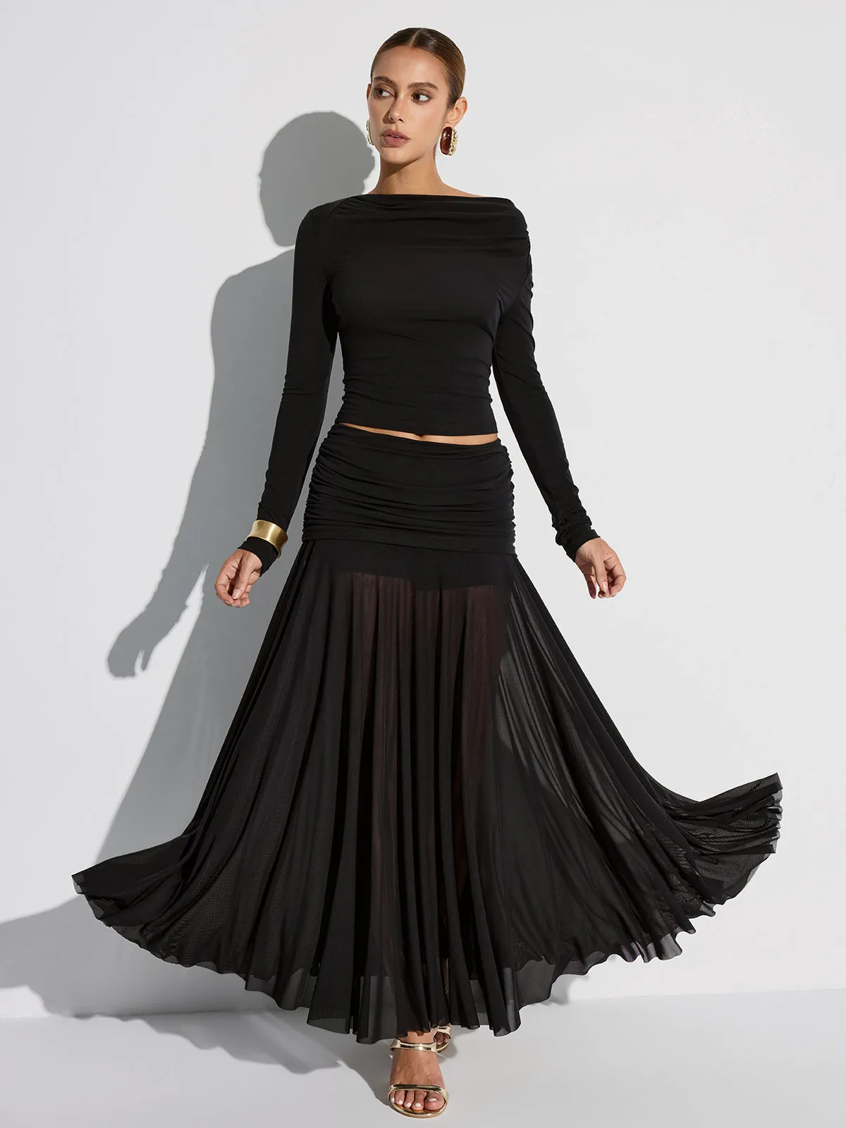 Draped Long Sleeve Top and Mesh Pleated Skirt Set sold by COMMENSE product image thumbnail 4