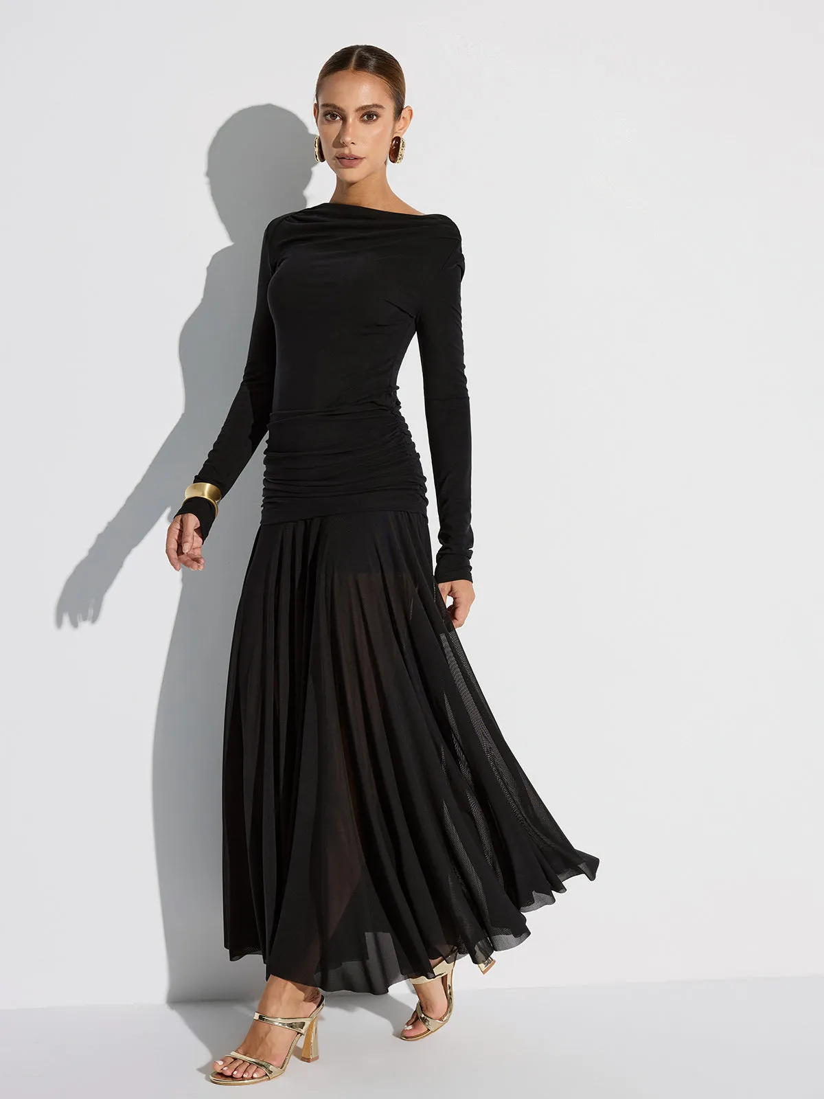 Draped Long Sleeve Top and Mesh Pleated Skirt Set sold by COMMENSE product image thumbnail 2