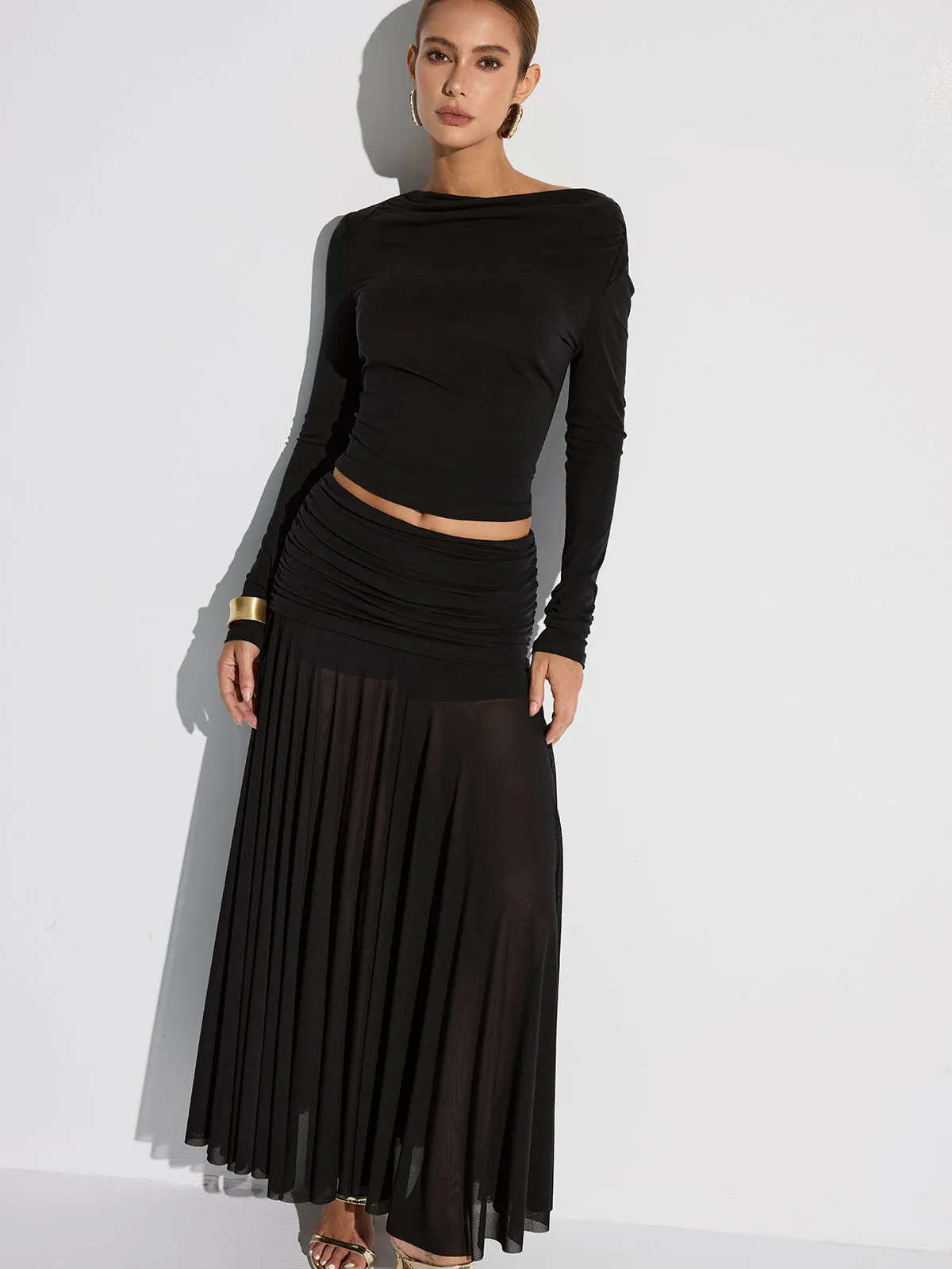 Draped Long Sleeve Top and Mesh Pleated Skirt Set sold by COMMENSE