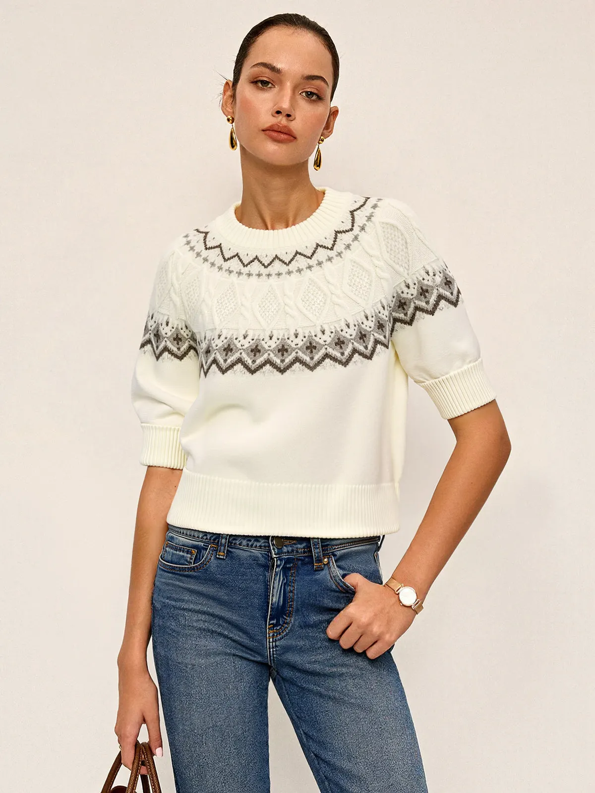Fair Isle Pattern Short Sleeve Knit Top sold by COMMENSE product image thumbnail 2