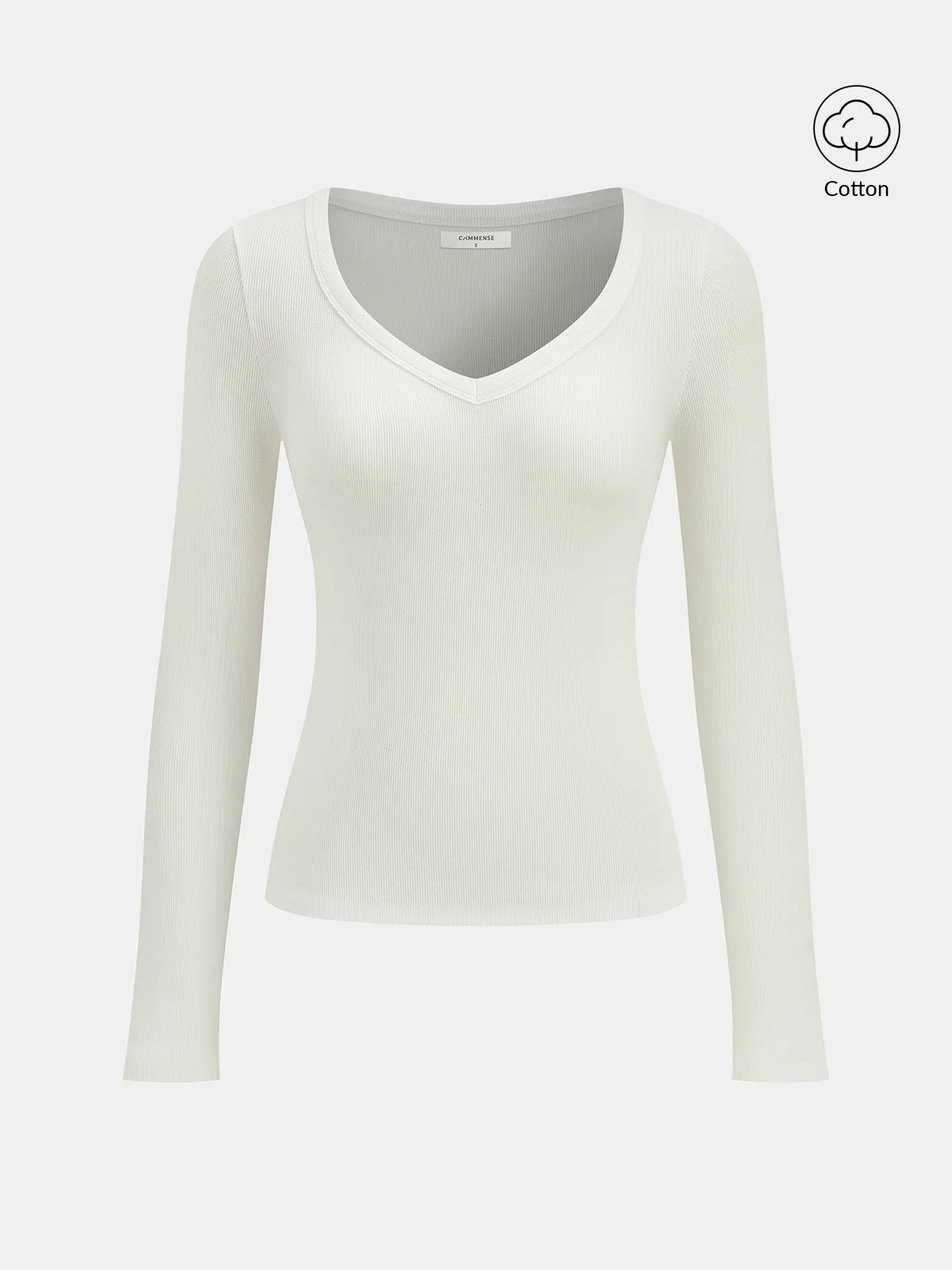 Cotton Blend Ribbed V-Neck Long Sleeve T-Shirt sold by COMMENSE