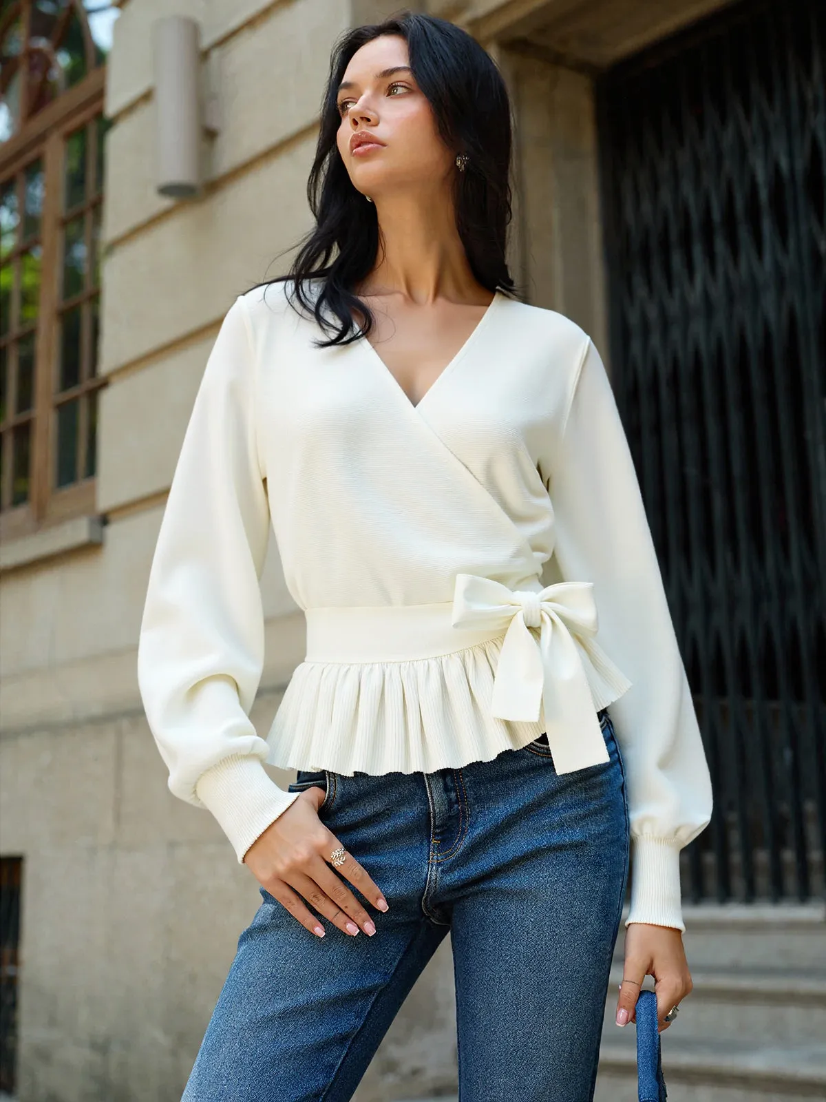 Bow Belted Peplum Knit Top sold by COMMENSE product image thumbnail 4