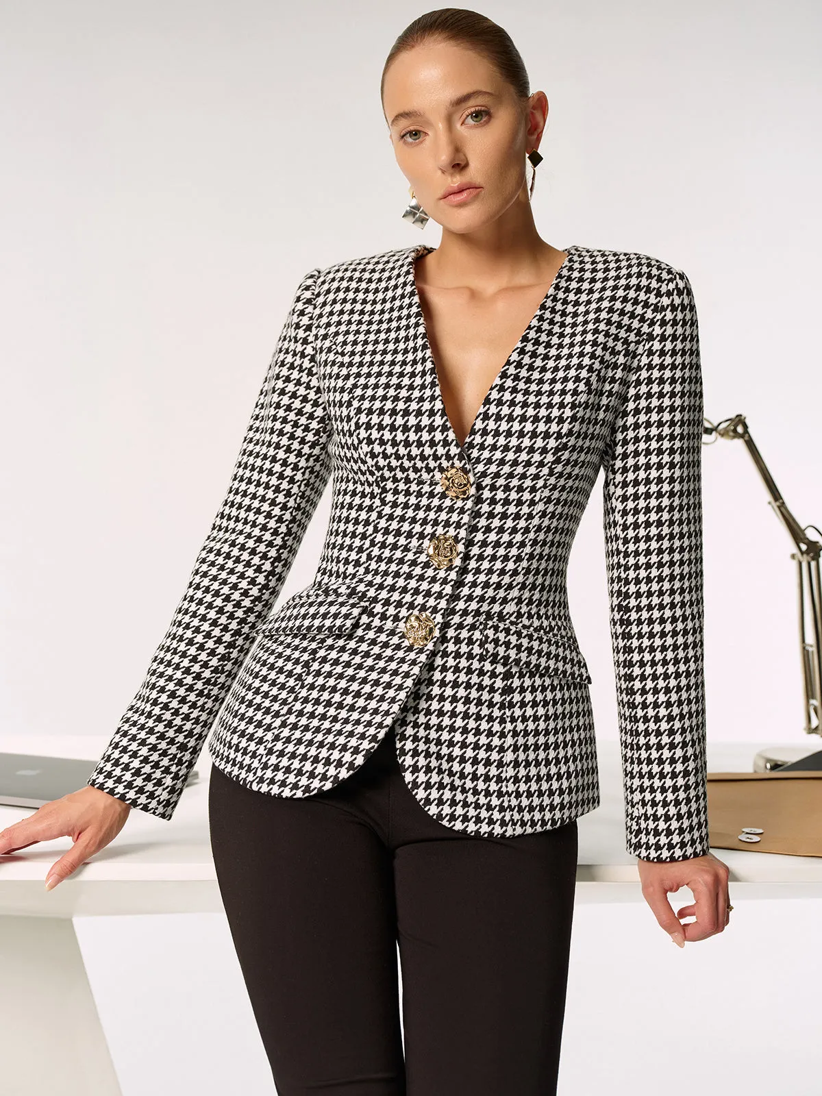 Metal Button Houndstooth Blazer sold by COMMENSE product image thumbnail 4