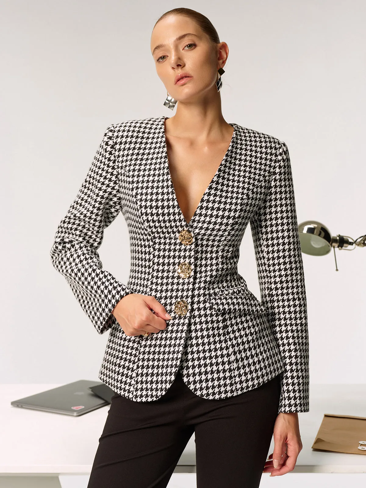 Metal Button Houndstooth Blazer sold by COMMENSE