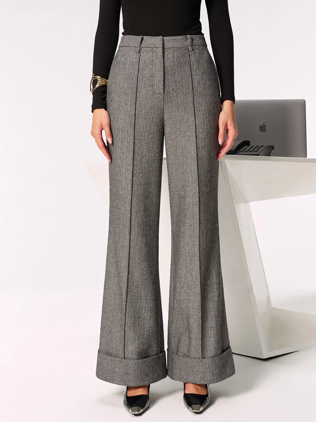 Mid-Waist Cuffed Wide-Leg Pants sold by COMMENSE product image thumbnail 4
