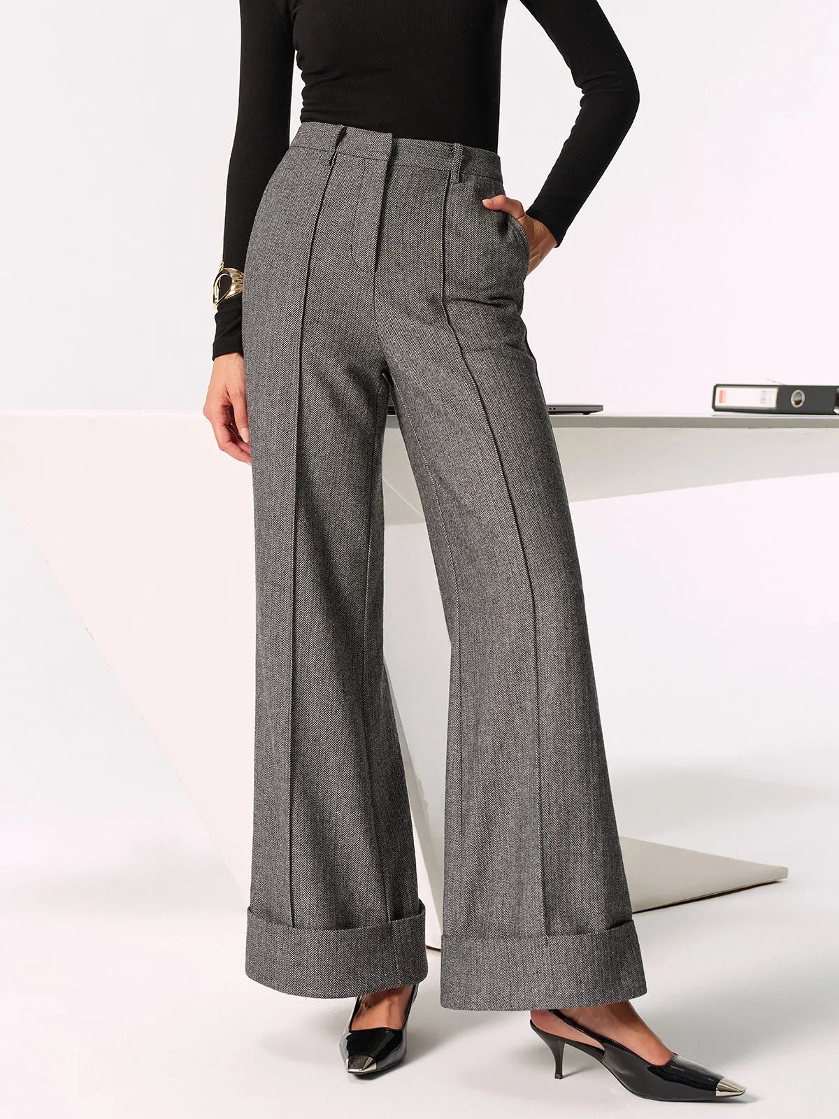 Mid-Waist Cuffed Wide-Leg Pants sold by COMMENSE product image thumbnail 2