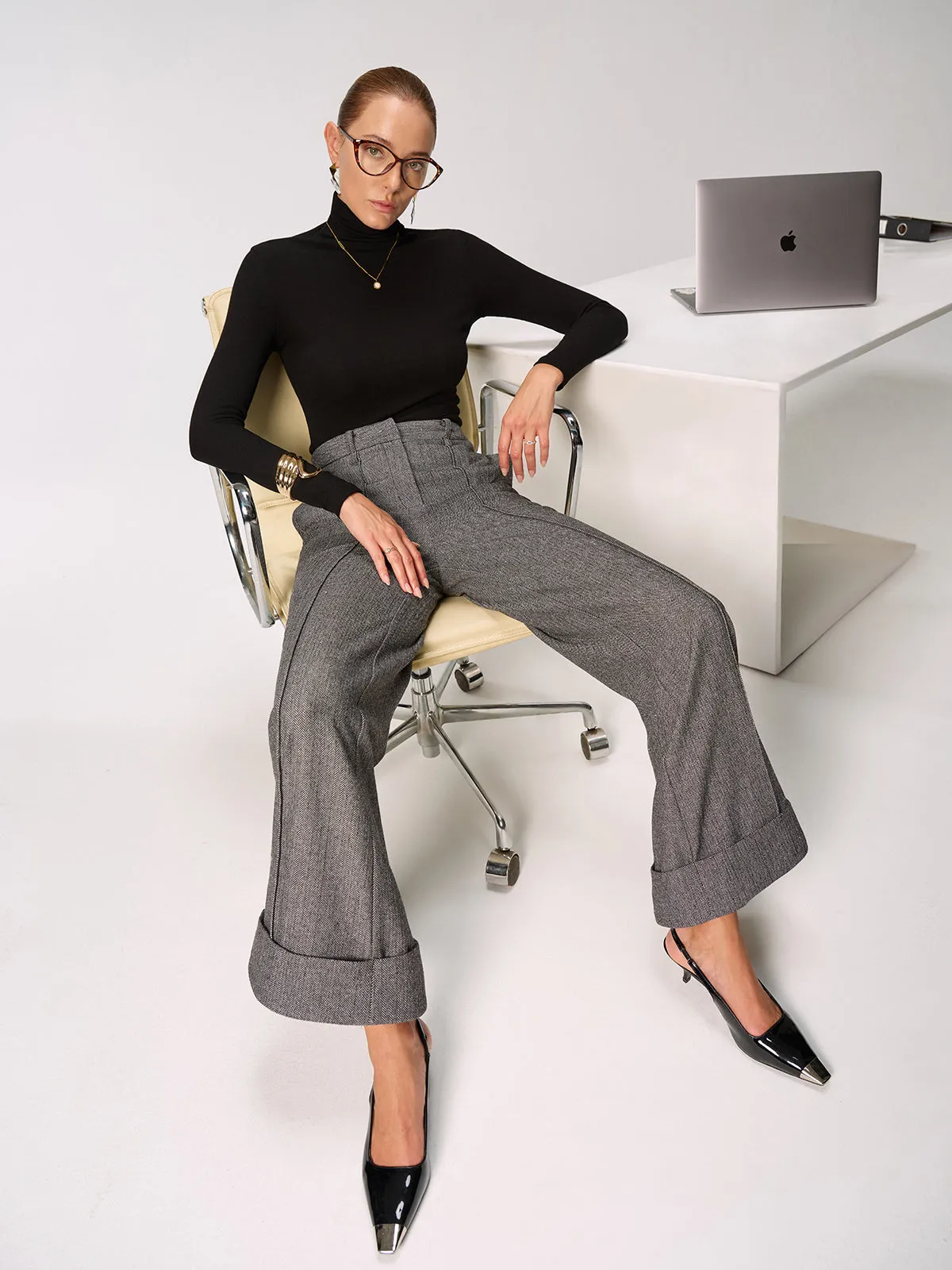 Mid-Waist Cuffed Wide-Leg Pants sold by COMMENSE