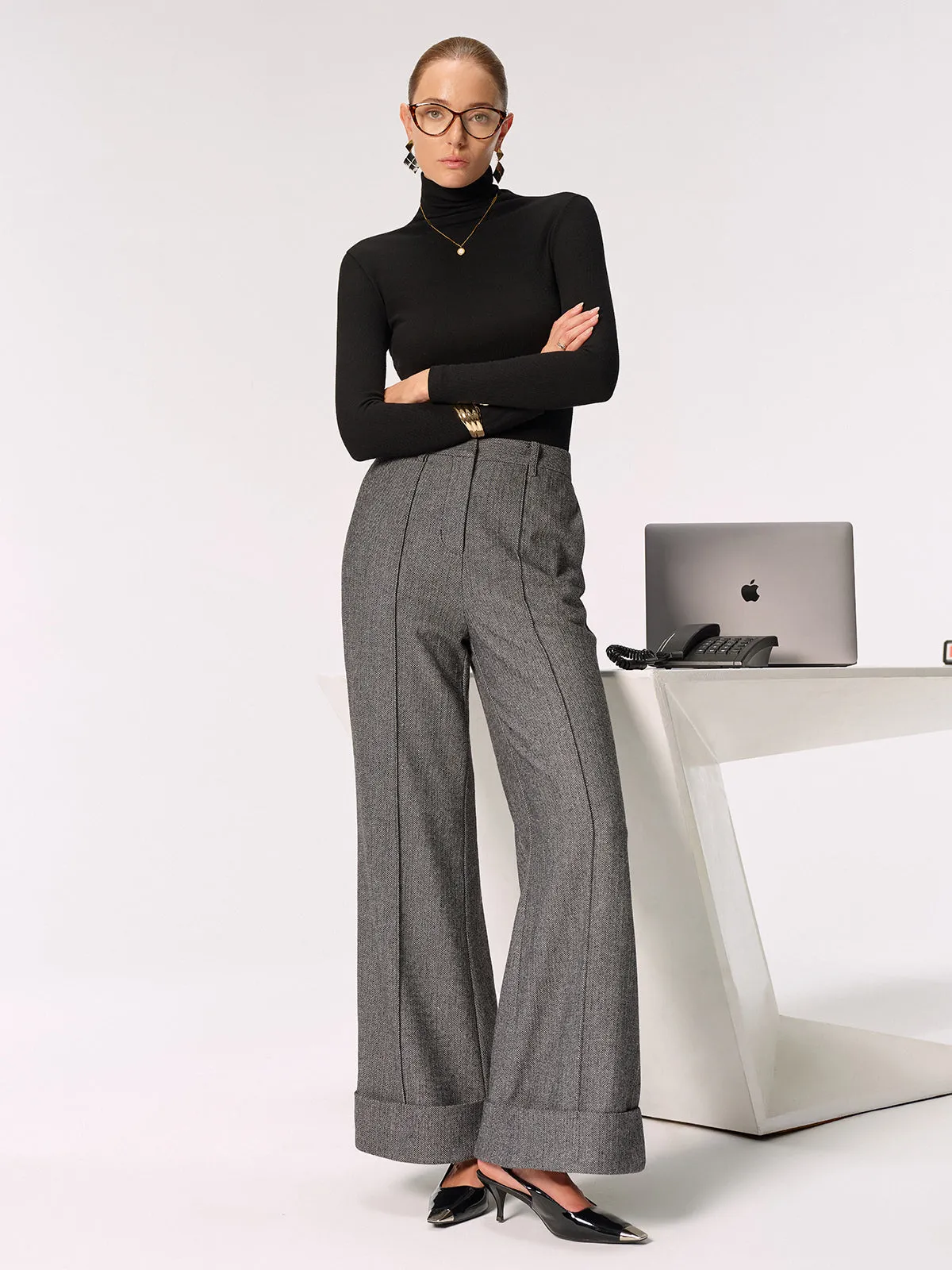 Mid-Waist Cuffed Wide-Leg Pants sold by COMMENSE product image thumbnail 3
