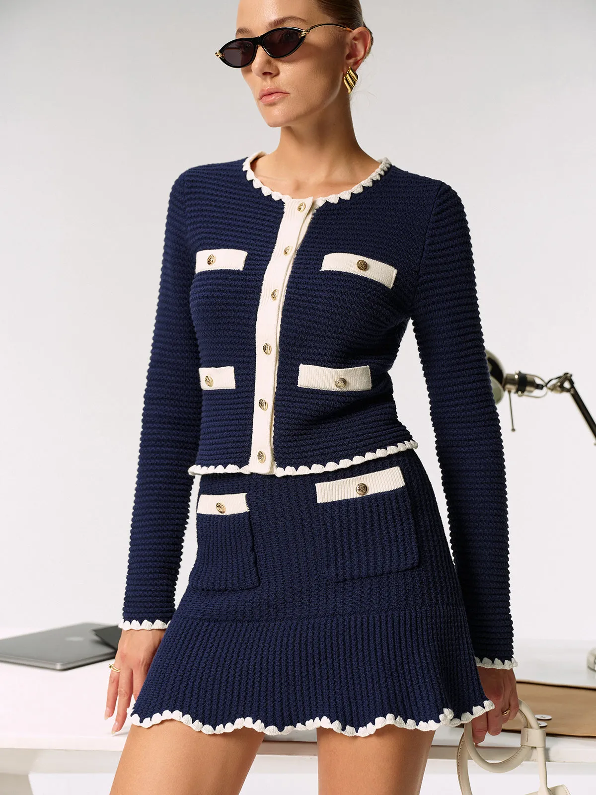 Contrast Scalloped Trim Metal Button Cardigan sold by COMMENSE product image thumbnail 5