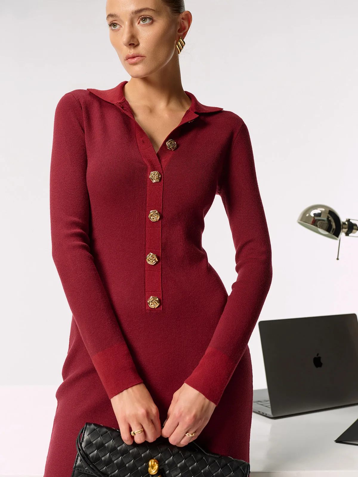 Shirt Collar Metal Button Knit Maxi Dress sold by COMMENSE product image thumbnail 5