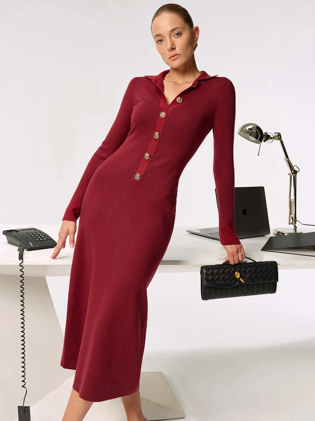 Shirt Collar Metal Button Knit Maxi Dress sold by COMMENSE product image thumbnail 4