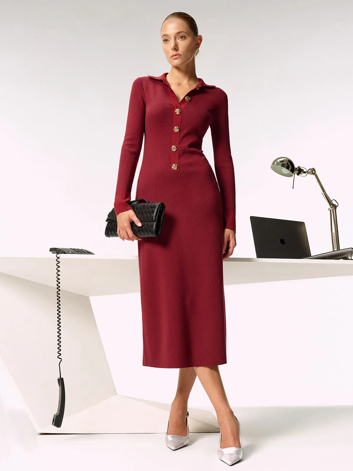 Shirt Collar Metal Button Knit Maxi Dress sold by COMMENSE