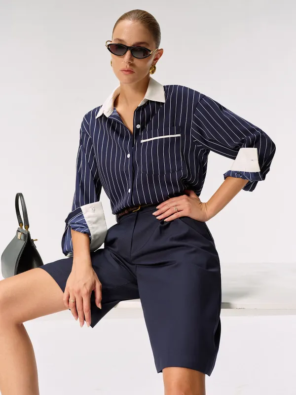 Contrast Collar & Cuff Striped Shirt sold by COMMENSE