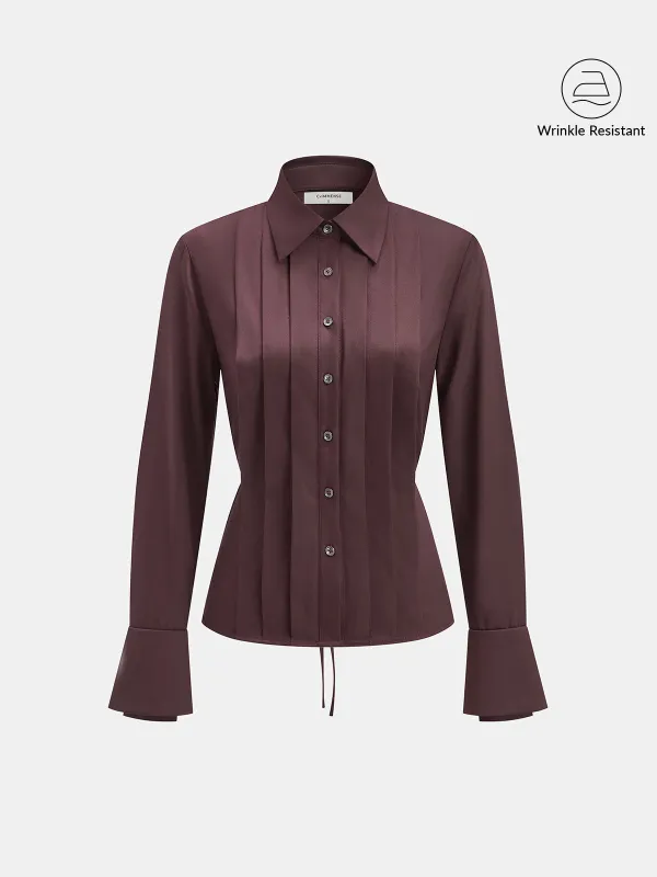 Wrinkle-resistant Flare-Cuff Pleated Tie Waist Shirt sold by COMMENSE