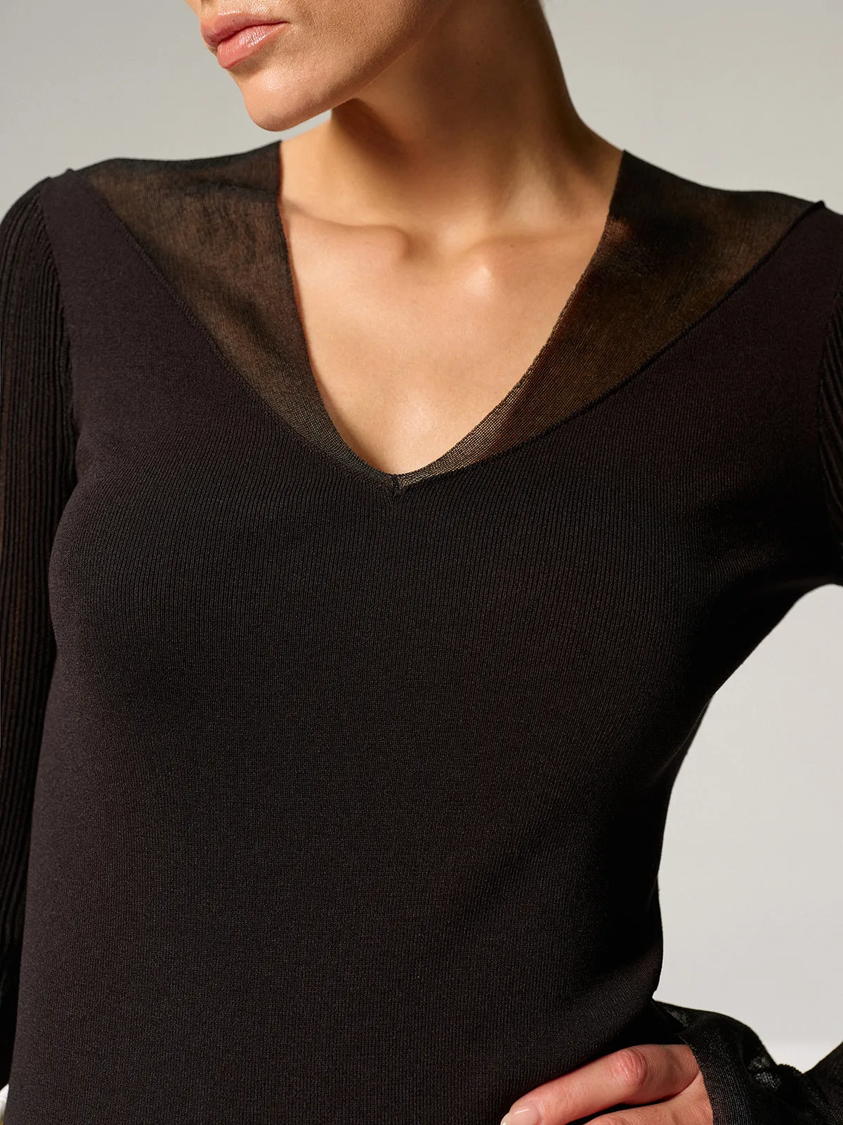 Sheer Paneled Bell Sleeve Knit Top sold by COMMENSE product image thumbnail 4