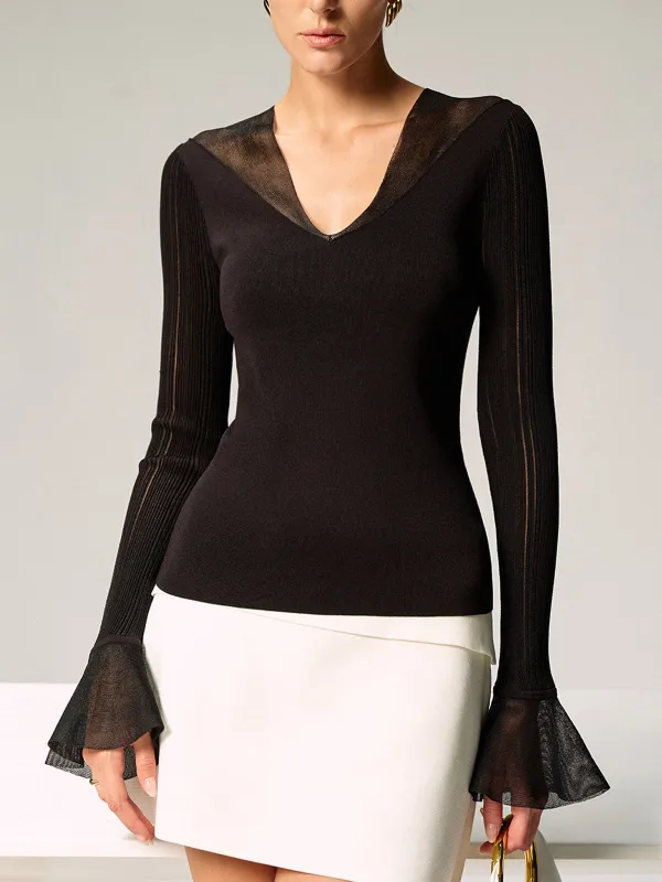 Sheer Paneled Bell Sleeve Knit Top sold by COMMENSE