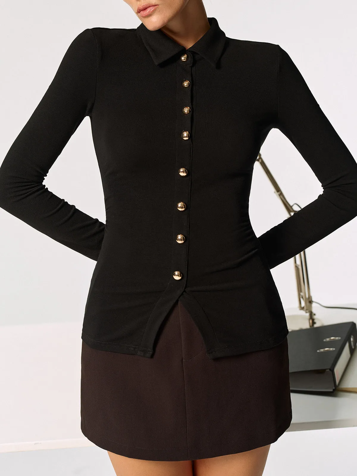 Metal Button Long Sleeve Polo Collar Blouse sold by COMMENSE product image thumbnail 5