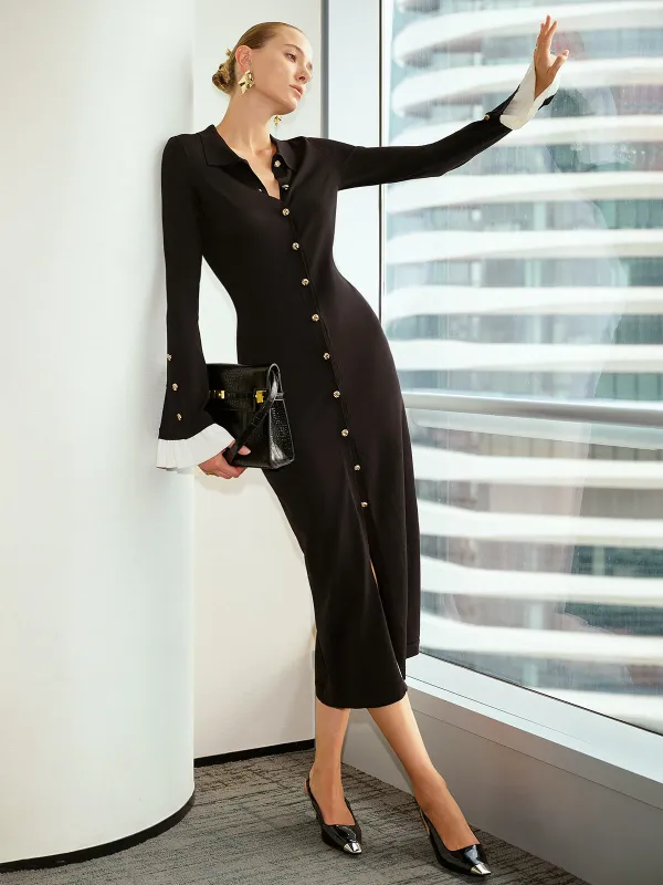 Contrast Flared Cuff Metal Button Shirt Dress sold by COMMENSE