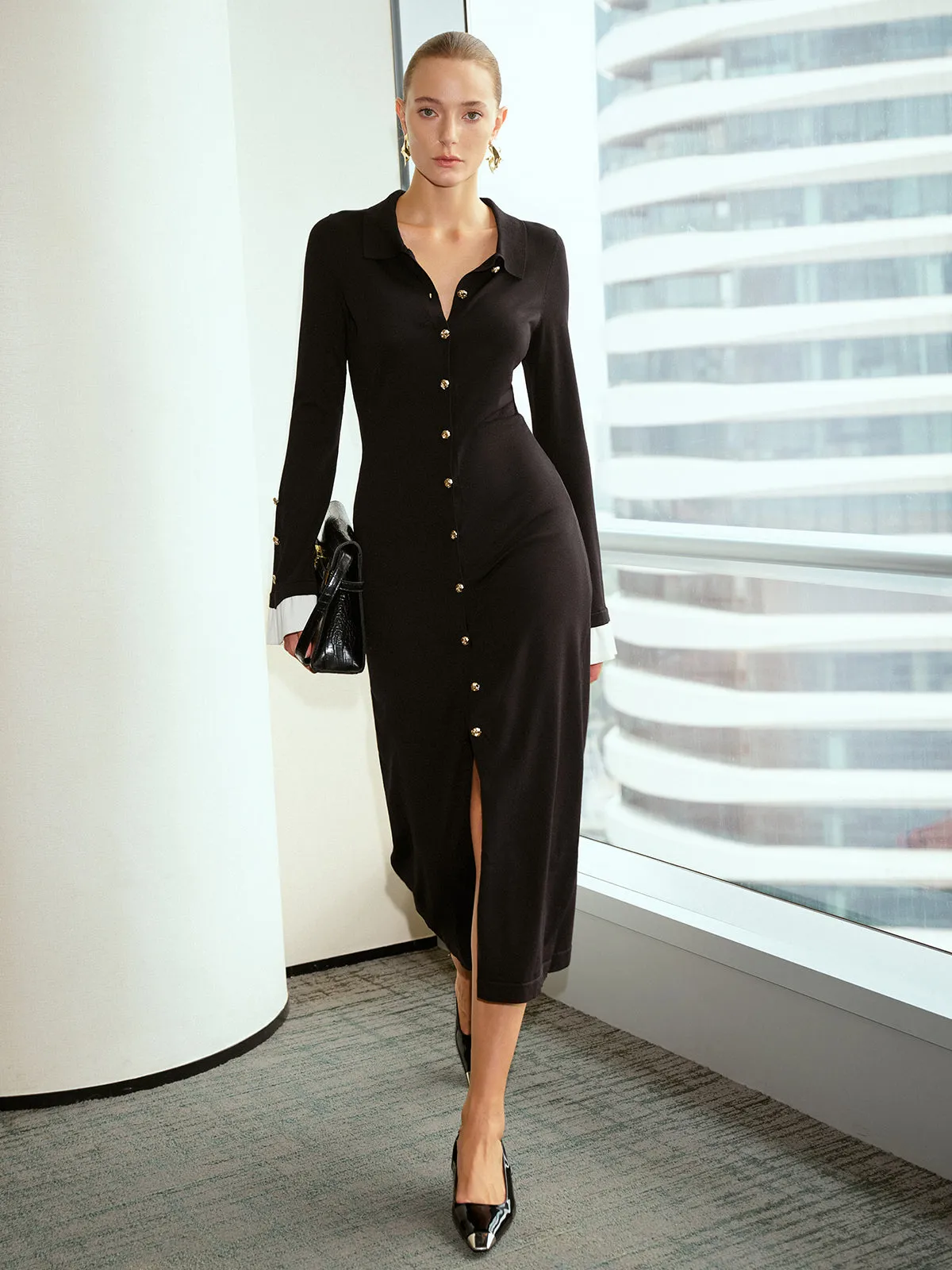 Contrast Flared Cuff Metal Button Shirt Dress sold by COMMENSE product image thumbnail 3