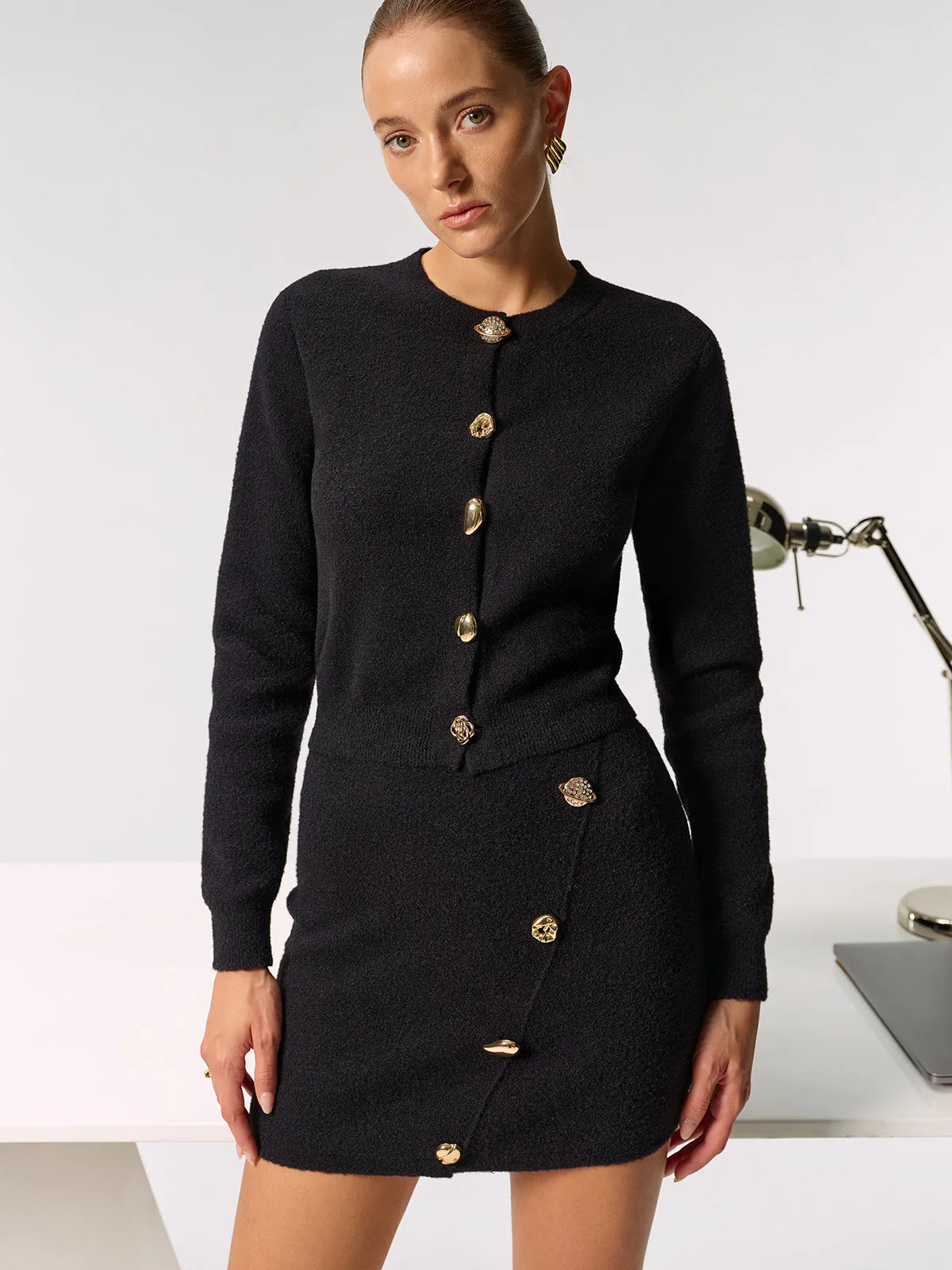 Metal Button Cardigan and Asymmetric Skirt Set sold by COMMENSE product image thumbnail 4