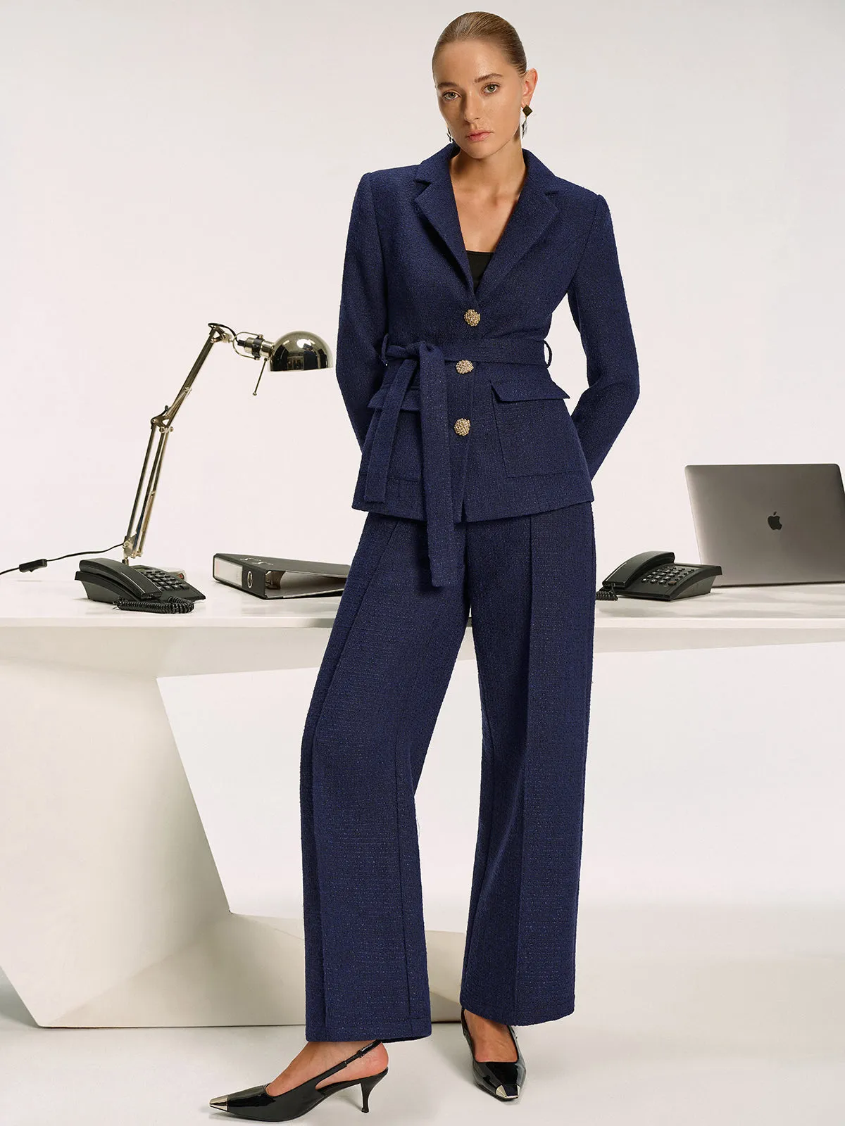 Metal Button Tweed Belted Blazer sold by COMMENSE product image thumbnail 2