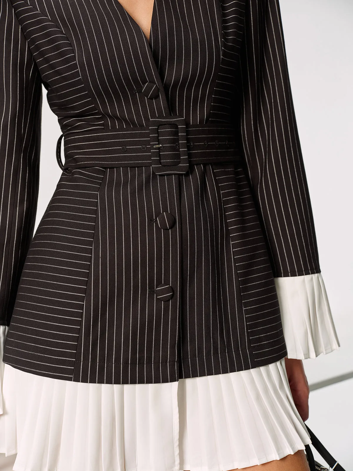 Contrast Pleated Panel Pinstriped Belted Blazer Dress sold by COMMENSE product image thumbnail 5