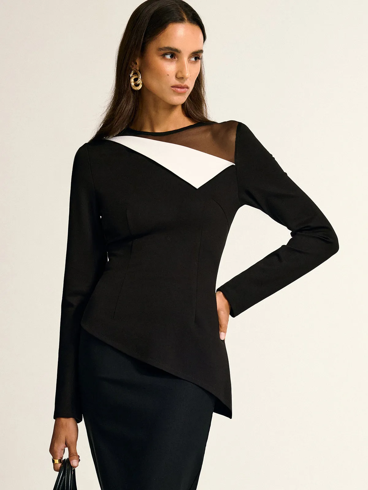 Mesh Neck Contrast Panel Asymmetrical Blouse sold by COMMENSE