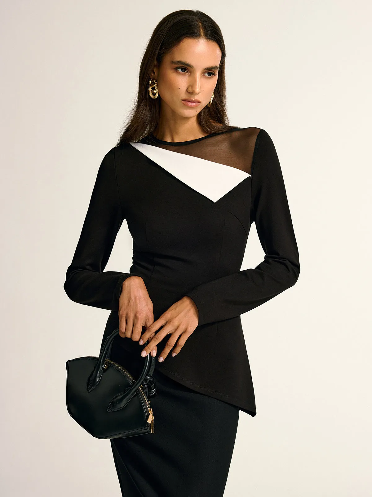 Mesh Neck Contrast Panel Asymmetrical Blouse sold by COMMENSE product image thumbnail 4