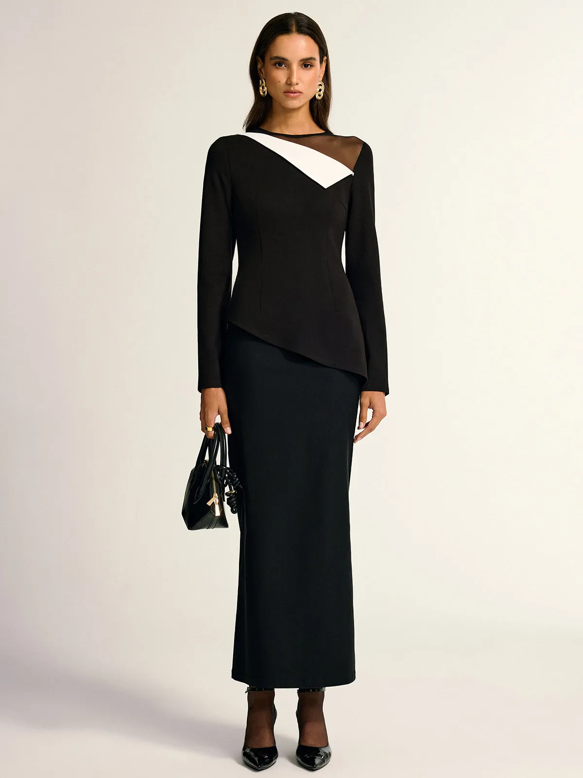 Mesh Neck Contrast Panel Asymmetrical Blouse sold by COMMENSE product image thumbnail 2