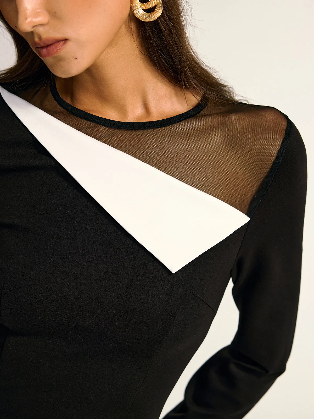 Mesh Neck Contrast Panel Asymmetrical Blouse sold by COMMENSE product image thumbnail 3