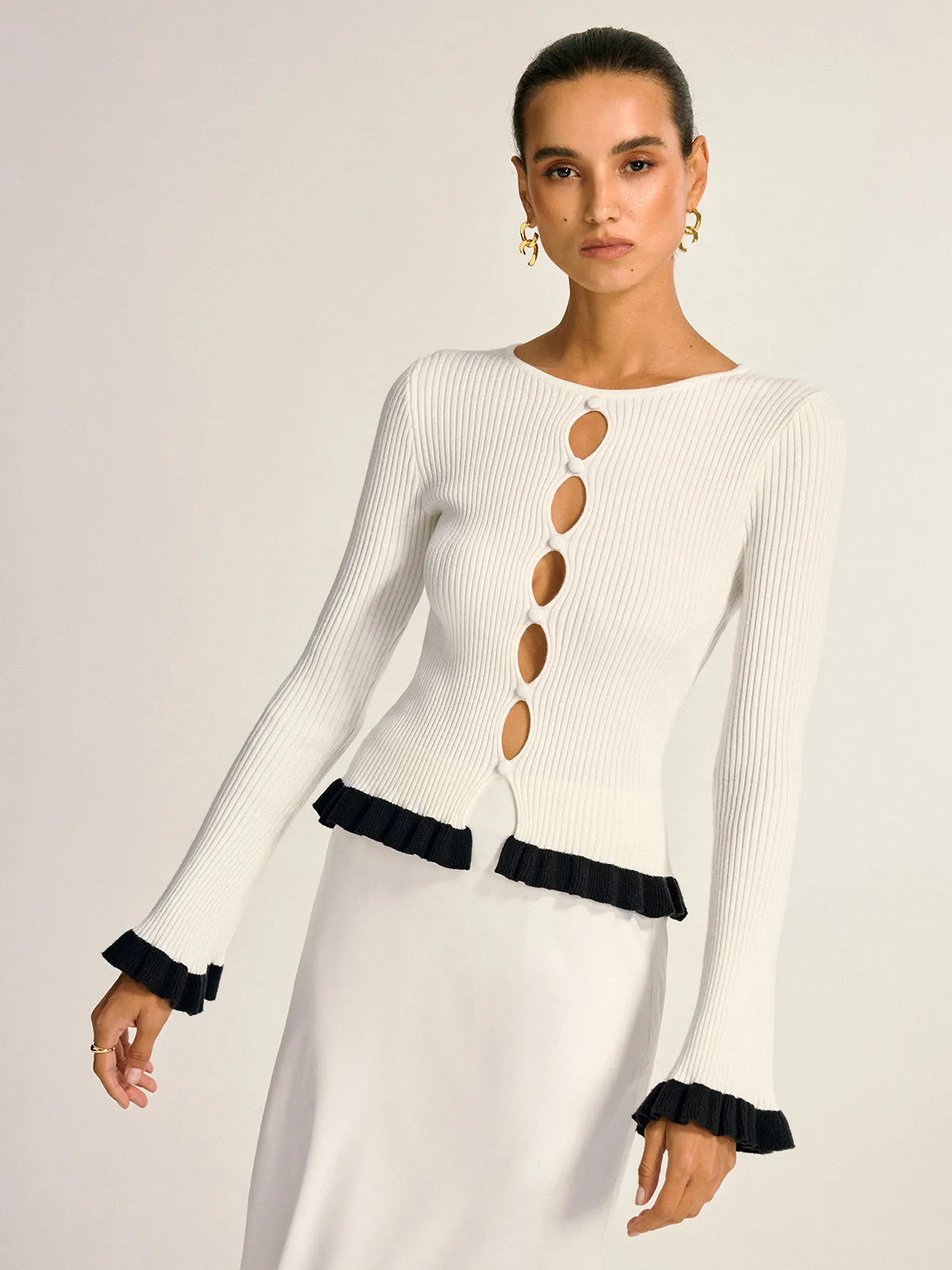 Contrast Ruffle Trim Cut-Out Knit Top sold by COMMENSE product image thumbnail 4