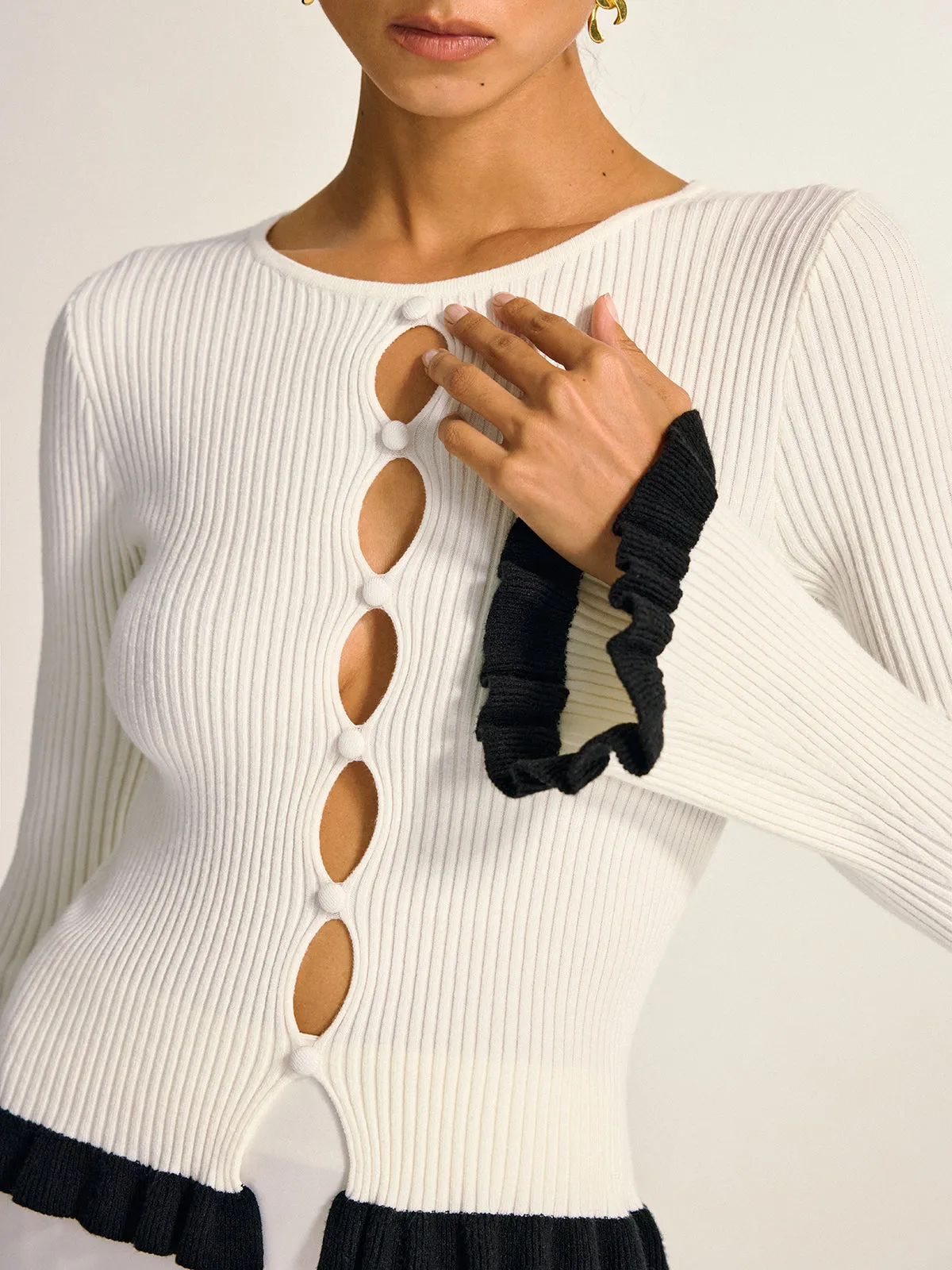 Contrast Ruffle Trim Cut-Out Knit Top sold by COMMENSE product image thumbnail 2