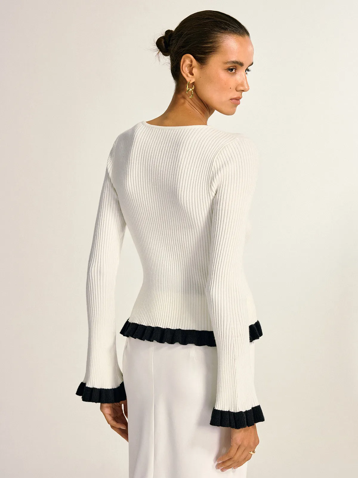 Contrast Ruffle Trim Cut-Out Knit Top sold by COMMENSE product image thumbnail 5