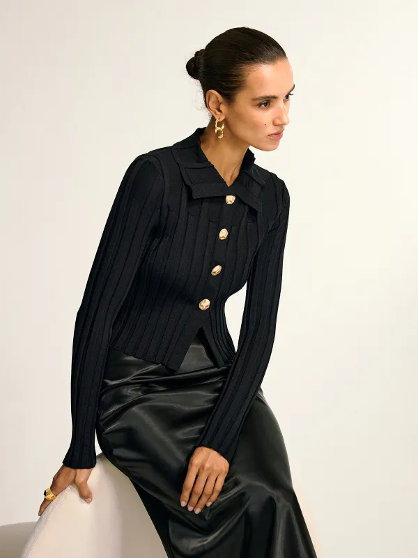 Metal Button Fitted Collared Knit Top sold by COMMENSE