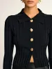 Metal Button Fitted Collared Knit Top sold by COMMENSE